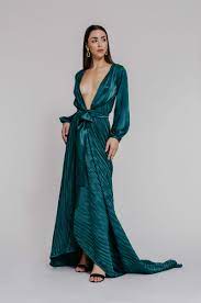 The best plunging neckline accessories emphasize the look's sleek, long lines. Plunging Neckline Satin Gown Designer Clothing Claudette Floyd