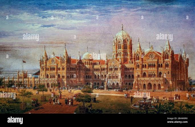 The 19th century Victoria Terminus Station in Bombay, today called Chhatrapati Shivaji Terminus in Mumbai, India. The ornate gothic railway station was designed by F.W. Stevens and built between 1878 and 1887. (
