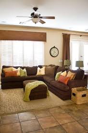 I Like The Valance And The Splash Of Color On Brown Sectional Brown Sofa Living Room Brown Living Room Living Room Colors