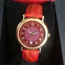 Satildi Alain Frederic Paris Marka Bayan Kol Saati Altin Kaplama Celik Kasa Ve Kirmizi Deri Kordon 150 Vintage Orijinal Leather Watch Quartz Leather