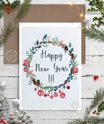 Greeting Card Happy New Year Best Wishes Watercolor Illustration Holly Wreath Happy New Year Card Winter Typo Card Christmas Wreath Happy New Year Calligraphy Happy New Year Letter New Year Greeting