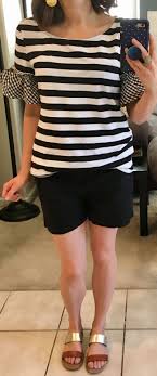 Black And White Striped Shirt And Shorts Black And White Striped Shirt With Gingham Ruffle Sleeves Black Shorts Gold And Tan Sandals Date Night Outfit Short Outfits Outfit Inspirations