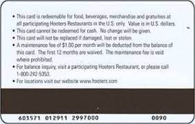 Enter the last 6 digits of your giftcard number and the mobile phone, which has been used for the giftcard activation. Gift Card 2011 Hooters Gift Card Hooters United States Of America Girl Col Us Hoo 017