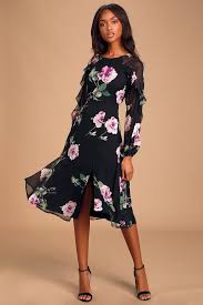 Once And Flor All Black Floral Print Long Sleeve Midi Dress In 2020 Floral Print Midi Dress Long Sleeve Floral Print Dress Floral Dress Black