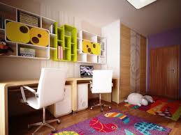 Smart study room with pink and gold. Kids Room Modern Plywood Study Table With Colourful Book Selvhing And Laminate Floors Also White Childrens Bedrooms Design Kids Bedroom Designs Kid Room Decor