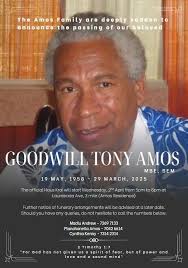 DEATH NOTICE Displa toksave igo lon olgeta "Cornerstone Gateway Church"  femili na membas Lo Satadei, 29th March, Elda GOODWILL AMOS, emi dai taim  emi stap lon haus blo em lon East Boroko,