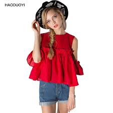 Haoduoyi Nice Pleated Ruffle Blouses Off Shoulder Puff