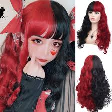 Black and red is a combo to kill, which is why it's such a popular choice for edgier ladies who want two hair colors. Amazon Com Baruisi Half Black Half Red Wig Lolita Long Curly Wavy Synthetic Heat Resistant Costume Cosplay Bangs Wig For Women Beauty
