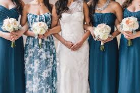 Bridesmaid Dresses And Floral Maid Of Honor Dress By Amsale In Brilliant Blue Patterned Bridesmaid Dresses Patterned Bridesmaid Bridesmaid Dresses Floral Print