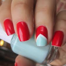 Mint And White Chevron Accent On Red Nail Art Design Different