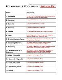 Polynomials Vocabulary Worksheet And Quiz Printable And Digital