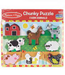 The thick, chunky wooden puzzle pieces fit neatly into their spots on the colorful board and can also stand up for additional pretend play. Melissa Doug Farm Chunky Puzzle Dillard S