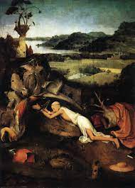 Jerome has prostrated himself, a crucifix cradled in his arms. St Jerome At Prayer Bosch Wikipedia