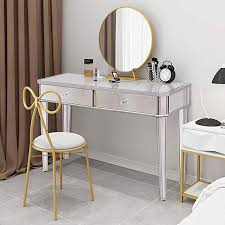 Amazon Com Tangkula Mirrored Makeup Table Desk Vanity For Women With 2 Drawers Home Office Smooth Silver Fi Glass Vanity Table Small Vanity Table Vanity Table
