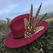 Burgundy Fedora Hand Embellished With Natural Game Bird Feathers In 2021 Luxury Hats Cowgirl Hats Mens Hats Fashion