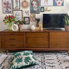 Has black wood hardware, two shelving areas, two storage cabinets, and a large tabletop. Mid Century Media Console 80 Boho Living Room Home Decor Decor