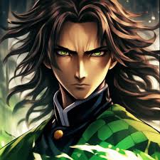 A man with brown long hair with green eyes in the anime style Kimetsu no  Yaiba" — image created in Shedevrum