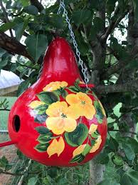 Birdhouse Gourds For Sale Near Me Amazingly Red With Brilliant Yellow Pansies Butterflies Gourd Birdhouse Hand Painted Gourds Painted Gourds Gourds Crafts
