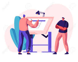 Engineer Architect Work On Draft Project On Drawing Board Man Royalty Free Cliparts Vectors And Stock Illustration Image 121233676 Choose from 80+ cartoon engineer graphic resources and download in the form of png, eps, ai or psd.