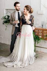 Black Lace White Chiffon Illusion Rustic Wedding Dress Black Lace Wedding Ombre Wedding Dress Edgy Bridal