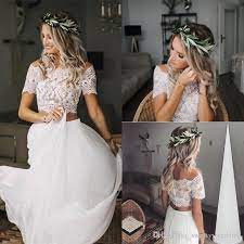 Summer Boho Two Pieces Wedding Dresses Boat Neck Short Sleeve Lace Bohemian Beach W Bohemian Beach Wedding Dress Two Piece Wedding Dress Crop Top Wedding Dress