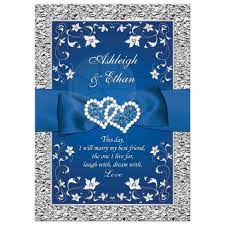 Royal Blue Wedding Invitation Faux Foil Silver Floral Printed Ribbon Bow Double Hearts Blue Silver Weddings Silver Wedding Invitations Blue Wedding Invitations