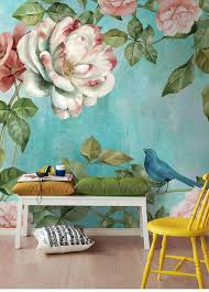 Blue Birds And Flowers Wallpaper 3d Floral Wall Wallpaper Birds And Big Flowers Blue Wall Etsy In 2020 Wall Wallpaper Wall Painting Floral Wall
