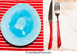 The plates are prepared with a whole main course such as meat, vegetables, and other f3. Table Setting In Red And Blue Table Setting With Modern Style Plate And Silverware On White Wooden Table With Copyspace Canstock