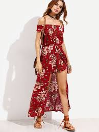 Burgundy Flower Print Off The Shoulder High Low Romper High Low Romper Long Red Dress Fit Flare Dress