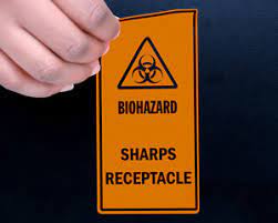 Visibly label the sharps container with the words biohazard, . Sharps Warning Labels And Signs Biohazard Sharps Waste Disposal