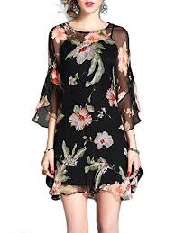Misslook Women S Silk Floral Print Ruffle Bell Sleeve Flounce Loose Mini Dress Silk Mini Dress Fashion Mini Black Dress