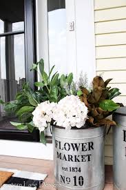 Galvanized metal reproduction homegrown bucket storage bin farm kitchen decor. Fall Front Porch Planter Ideas Using Fake Flowers
