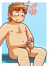 stephen stills, scott pilgrim (series), scott pilgrim takes off, highres,  1boy, a-hem (a hemhem18), bara, beard stubble, belly, blush, brown hair,  completely nude, erection, facial hair, feet out of frame, forked eyebrows,