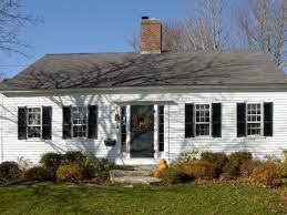 The historical tie between the two styles is apparent on the pitched roofs on many of these houses. Small Cape Cod Home With Center Chimney Cape Cod House Exterior Cape Cod House Plans Cape Cod Style House