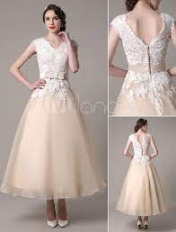 Dressafford offers collections of lace, tulle & petite styles. Champagne Wedding Dress A Line V Neck Lace Applique Organza Tea Length Bridal Dress With Sash Bow Tee Lange Brautkleid Kleider Hochzeit Braut