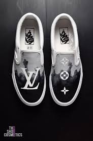 Black And White Louis Vuitton Sneakers Black Smoke Hand Painted Louis Vuitton Vans Slip On Custom Sneakers Custom Vans Shoes Lv Shoes Custom Sneakers