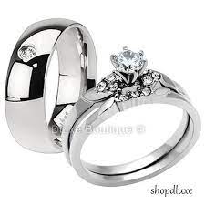 His Hers 3 Piece Men S Women S Stainless Steel Wedding Engagement Ring Band Set Ebay Wedding Rings Engagement Stainless Steel Wedding Ring Band Engagement Ring