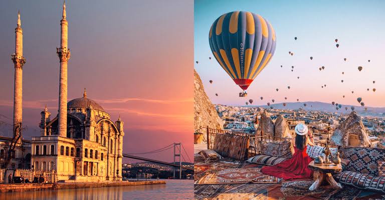 Peisaj din Cappadocia cu baloane cu aer cald