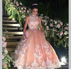 2017 Chic Lace Ball Gown Quinceanera Dress High Neck Sheer Sweet 16 Ages Long Girls Prom Party Pageant Gown Plus 15 Vestidos Vestidos Vestidos Longos Elegantes