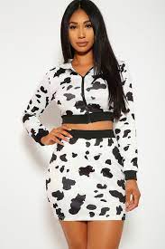 The top and skirt are two separate pieces, so the top can be worn separately with a nice pair of high waist. Sexy Black White Two Piece Cow Print Outfit