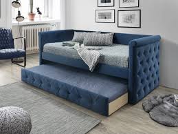 Lit Gigogne Capitonne Louise 2x90x190cm Tissu Bleu