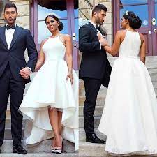 Discount White High Low Wedding Reception Dresses Elegant Arabic Women Satin Beach Wedding Bridal Gowns 2017 Cheap Vestidos De Novia Plus Size Wedding Gowns Uk Wedding Dresses High Low Hi