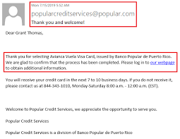 You will see that the credit card services option appears below in the tabs. Banco Popular Avianca Vuela Credit Card Application Pending Email 7 15 2019 Travel With Grant