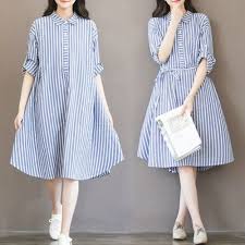 Korean Women Cotton Linen Polo Neck Casual Loose Stripe Tunic A Line Shirt Dress Desain Blus Baju Atasan Wanita Model Pakaian Wanita