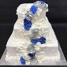 Pink and royal blue quilt cake. Blue Silver Flowers Wedding Cake Gourmet Desserts Nj Local Bakery
