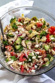 Tuna Salad Ingredients Mixed Together In Clear Glass Bowl Mediterranean Tuna Salad Tuna Salad Recipe Best Tuna Salad Recipe