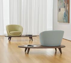 Ash solids and quartered white oak veneersinset round mirrored glass in center with stainless steel gallery. Bernhardt Design Lilypad