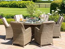Many available on sale in fire pit table looks like slightly round propane and a blazing outdoor fire pit table by. Maze Rattan Winchester 6 Seat Round Fire Pit Dining Set With Venice Chairs And Lazy Susan At Mattressman