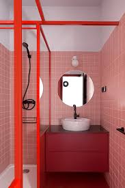 The Different Shades Of Pink And Red Contrast The Orange And White Ceiling Bathroom Red Bathroom Shower Stalls Bathroom Interior Design