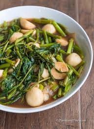 Kangkong With Squid Balls In Oyster Sauce Panlasang Pinoy Everyday Dishes Filipino Vegetable Dishes Oyster Sauce